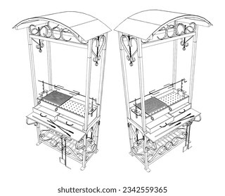 Barbecue Grill Vector 02. Brazier Forged With A Spit BBQ. Isolated On White Background. A Vector Illustration Of A Barbecue Grill.