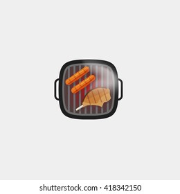 Barbecue grill vector icon isolated on white background, hot cooked grilled sausages and grilled steak meat on barbecue grill with smoke, cooking food flat cartoon illustration design