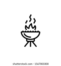 Barbecue Grill vector icon in line art style on white background, filled flat sign for mobile concept and web design, BBQ stand with fire flame glyph icon, Symbol, logo illustration