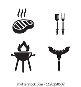 Barbecue grill vector icon set, steak, fork, grill with fire and sausage icons