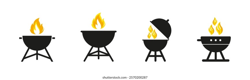 Barbecue Grill Vector Icons with Flames