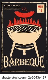 Churrasco Grill Vetor Ilustração com Salsicha no fundo preto.