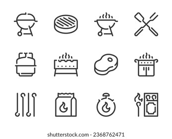 Barbecue and Grill vector line icons. Grilling and BBQ outline icon set. Outdoor Cooking, Meat, Steak, Charcoal Bag, Gas Grill Fuel and more.