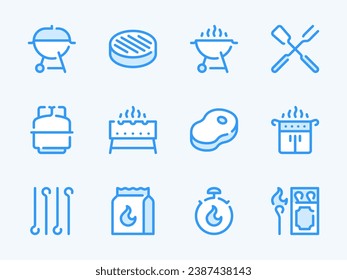 Iconos de línea de vector Barbecue y Grill. Juego de iconos de parrilladas y contorno de barbacoa. Cocina al aire libre, carne, filete, bolsita de carbón vegetal, gasolineras y más.