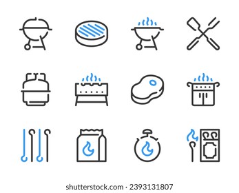 Barbecue and Grill vector line icons. Grilling and BBQ outline icon set. Outdoor Cooking, Meat, Steak, Charcoal Bag, Gas Grill Fuel and more.