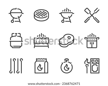 Barbecue and Grill vector line icons. Grilling and BBQ outline icon set. Outdoor Cooking, Meat, Steak, Charcoal Bag, Gas Grill Fuel and more.