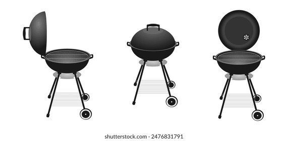 barbecue grill vector set with different view. vector illustration isolated on white background.