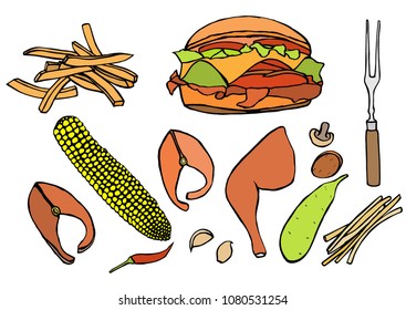 Barbecue grill Vintage color vector sketch illustration. Isolated on white background