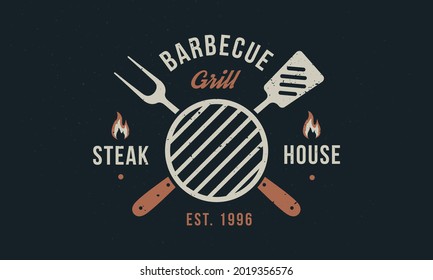 Barbecue Grill - vintage logo concept. Logo of Barbecue, Grill, Steak House with fire, grill fork and spatula. BBQ logo template. Grunge texture. Vector illustration