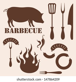 Barbecue grill vintage style. Icon set vector. Isolated pig sausage and barbecue grill in retro style on brown background.