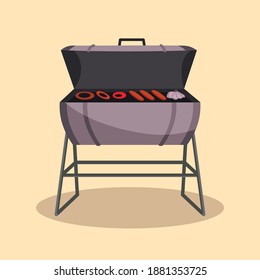 Barbecue or grillbarbecue. Picnic camping cooking. BBQ party. Traditional cooking food, restaurant menu icon. Grill on hot coals. Charcoal grills with delicious grilled meat and sausages