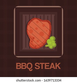Barbecue grilled bbq steak meat cartoon illustration. Restaurant or barbecue grill house cooking meal symbol. Icon for logo or bbq steak poster. Shef cook and beef dinner.