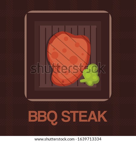 Barbecue grilled bbq steak meat cartoon illustration. Restaurant or barbecue grill house cooking meal symbol. Icon for logo or bbq steak poster. Shef cook and beef dinner.