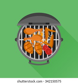 Barbecue and grilled chicken. Top view. Vector flat style illustration.
