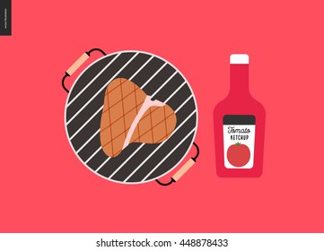 Barbecue grilled meat and ketchup - cartoon flat vector illustration of bbq grill with a piece of grilled meat on it, and a bottle of tomato ketchup