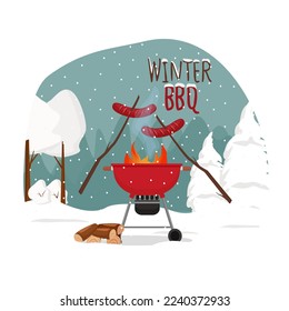 Barbecue and grilled sausages on a snowy background. Design of an invitation to a winter BBQ party. Vector illustration.