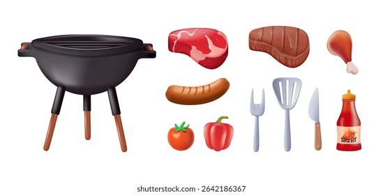 Barbecue and Grilling Essentials 3D render vector Illustration. Featuring grilling essentials, like barbecue grills, utensils, sauces, and delicious food items. Perfect for outdoor cooking or camping