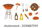 Barbecue and Grilling Essentials Illustration. Featuring grilling essentials, like barbecue grills, utensils, sauces, and delicious food items. Perfect for outdoor cooking or camping themed designs