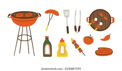 Churrasco e Grelha Essentials Ilustração. Apresentando grelhados essenciais, como churrasqueiras, utensílios, molhos e deliciosos itens de comida. Perfeito para cozinhar ao ar livre ou acampar projetos temáticos