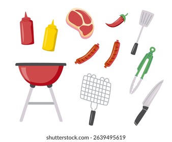 Barbecue and Grilling Essentials Illustration. Featuring grilling essentials, like barbecue grills, utensils, sauces, and delicious food items. Perfect for outdoor cooking or camping themed designs