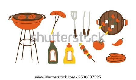 Barbecue and Grilling Essentials Illustration. Featuring grilling essentials, like barbecue grills, utensils, sauces, and delicious food items. Perfect for outdoor cooking or camping themed designs