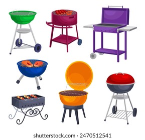 Barbecue grills equipment. Bbq brazier portable grilling for cook meat on burning coal smoke, outside grills outdoor garden picnic heat oven roaster, ingenious vector illustration