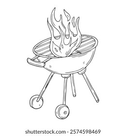 Barbecue Hand Draw Sketch. Charcoal Kettle Grill. Summer Food for Picnic, Weekend. Vector illustration of bbq cooking for flyer, card, placard