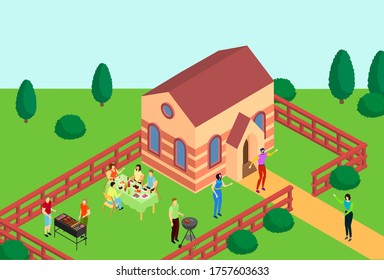 Barbecue home party, character people family bbq gathering 3d isometric vector illustration. Private territory place, household together eat food outdoor backyard and ranch garden.