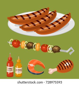 Barbecue home or restaurant rarty dinner products bbq grilling kitchen equipment vector flat illustration