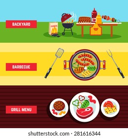 Barbecue Horizontal Banner Set With Backyard And Grill Menu Elements Isolated Vector Illustration