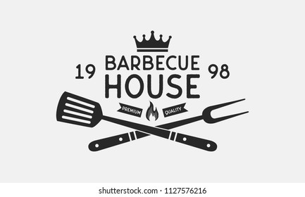 Barbecue House logo. Grill fork and Spatula. Vintage BBQ emblem. Template. Vector illustration