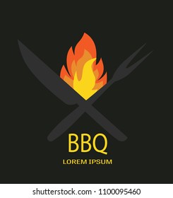Barbecue icon logo vector. BBQ fire knife and fork on black backround.