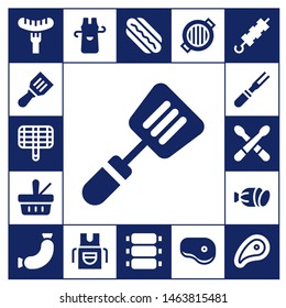 barbecue icon set. 17 filled barbecue icons.  Collection Of - Sausage, Spatula, Grill, Picnic, Meat, Drumsticks, Salami, Apron, Hotdog, Ribs, Steak, Brochette