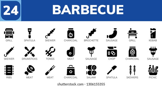 barbecue icon set. 24 filled barbecue icons.  Simple modern icons about  - Grill, Spatula, Skewer, Charcoal, Brochette, Sausage, Kebab, Drumsticks, Tongs, Meat, Chop, Ribs, Salami