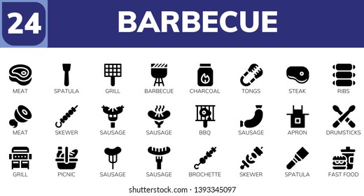 barbecue icon set. 24 filled barbecue icons.  Simple modern icons about  - Meat, Spatula, Grill, Barbecue, Charcoal, Tongs, Steak, Ribs, Skewer, Sausage, Bbq, Apron, Drumsticks