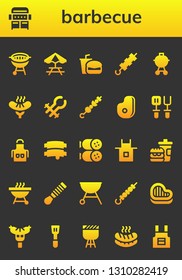 barbecue icon set. 26 filled barbecue icons.  Simple modern icons about  - Bbq, Grill, Picnic table, Fast food, Brochette, Barbecue, Sausage, Tongs, Meat, Spatula, Apron, Ribs