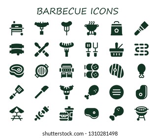 barbecue icon set. 30 filled barbecue icons.  Collection Of - Grill, Sausage, Bbq, Charcoal, Spatula, Ribs, Drumsticks, Picnic, Sausages, Meat, Salami, Steak, Chicken leg, Picnic table