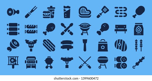 barbecue icon set. 32 filled barbecue icons. on blue background style Simple modern icons about  - Meat, Ribs, Bbq, Sausage, Grill, Fast food, Chicken leg, Hotdog, Barbecue, Kebab