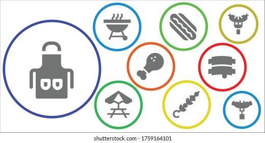 barbecue icon set. 9 filled barbecue icons. Included Apron, Barbecue, Hotdog, Picnic table, Skewer, Chicken leg, Ribs, Sausage icons