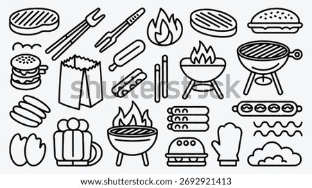 Barbecue Icon Set in Black and White Line Art Style