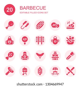 barbecue icon set. Collection of 20 filled barbecue icons included Chicken leg, Tongs, Hotdog, Meat, Roast chicken, Apron, Sausage, Grill, Picnic, Picnic table, Drumsticks