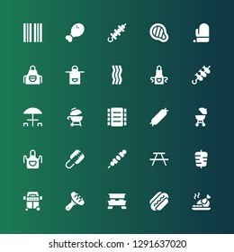 barbecue icon set. Collection of 25 filled barbecue icons included Roast chicken, Sausage, Picnic table, Grill, Kebab, Picnic, Brochette, Tongs, Apron, Barbecue, Ribs, Bacon, Mitt