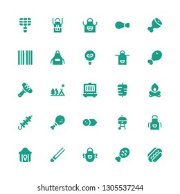 barbecue icon set. Collection of 25 filled barbecue icons included Sausage, Chicken leg, Apron, Tongs, Fried chicken, Grill, Cold meat, Skewer, Bonfire, Kebab, Camping, Bacon