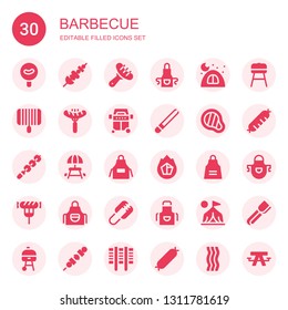 barbecue icon set. Collection of 30 filled barbecue icons included Sausage, Skewer, Apron, Camping, Grill, Tongs, Meat, Picnic table, Charcoal, Camp, Barbecue, Brochette, Bacon