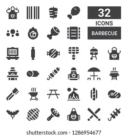 barbecue icon set. Collection of 32 filled barbecue icons included Brochette, Drumsticks, Apron, Sausage, Grill, Meat, Hotdog, Camp, Picnic, Tongs, Picnic table, Cold meat, Barbecue grill