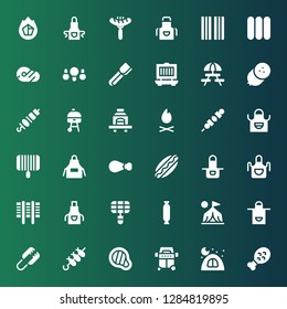 barbecue icon set. Collection of 36 filled barbecue icons included Chicken leg, Camping, Grill, Meat, Brochette, Tongs, Apron, Camp, Sausage, Hotdog, Bonfire, Barbecue, Picnic
