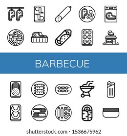 barbecue icon set. Collection of Steak, Chicken wings, Smoked sausage, Burrito, Meatball, Butcher shop, Sausage, Ribs, Shawarma, Shish kebab, Bbq, Minced meat icons