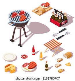 Barbecue Icons Collection. BBQ Grill For Summer Picnic. Vector Isometric Illustration.