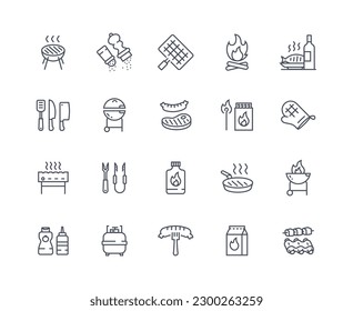 Barbecue icons outline set. BBQ and junik food. Grilled meat, pork and steak, fish and sausage. Menu of cafe or restaurant, outdoor picnic. Flat vector collection isolated on white background