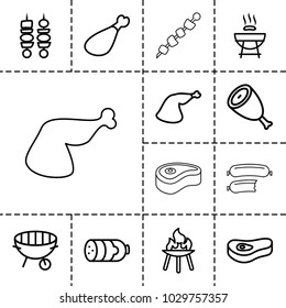 Barbecue icons. set of 13 editable outline barbecue icons such as sausage, beef, barbeque, meat leg, bbq, kebab